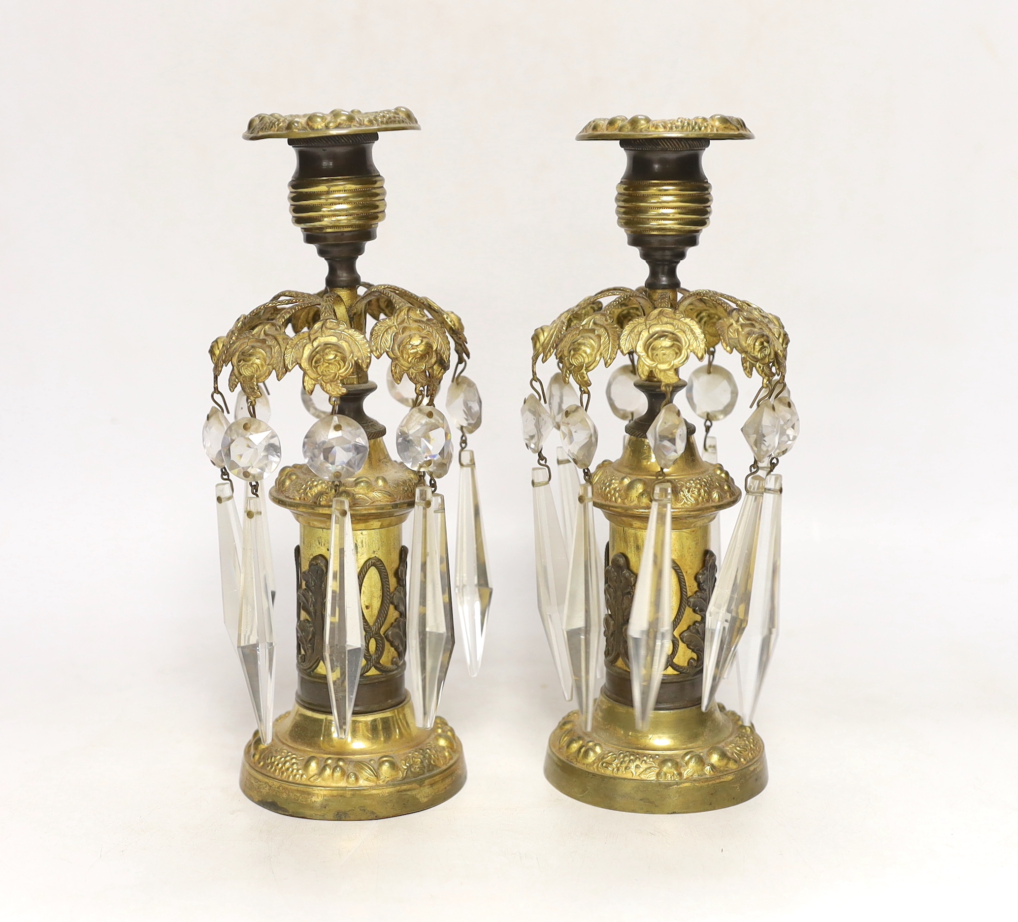 A pair of early 19th century ormolu table lustres, 23cm high